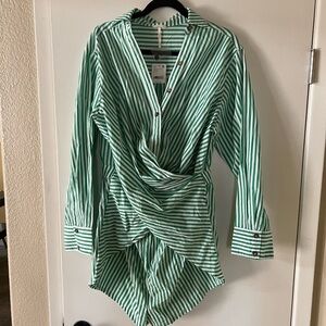 Free People romper NwT. Green and white stripes. Sz L. Never worn. Cotton.